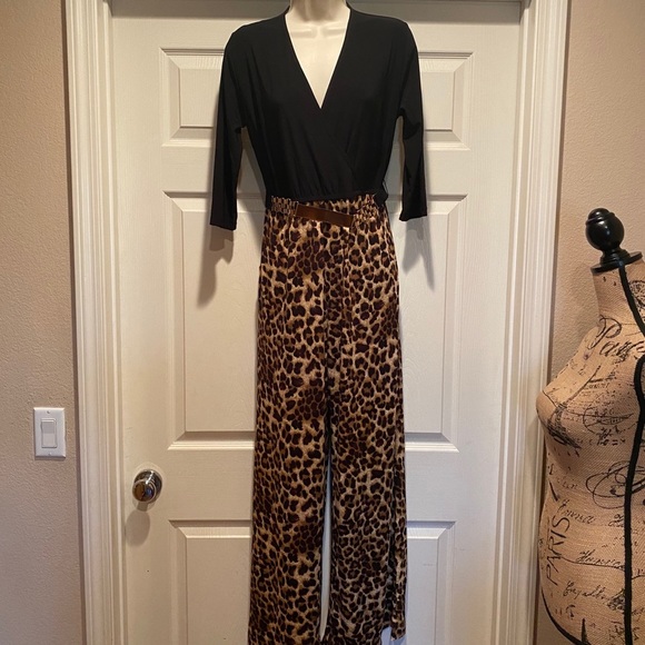 Pants - Black and leopard jumpsuit.